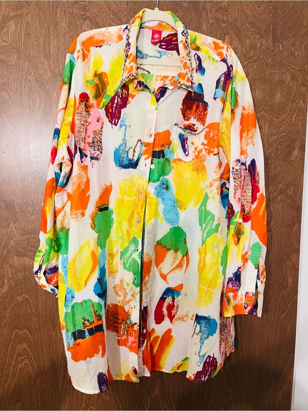 Sandy Starkman Long Cotton Colorful Abstract Brushstroke Button-Up Shirt Size 1X